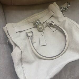 Michael Kors Cream Shoulder Bag with Textured Fabric and Silver Hardware